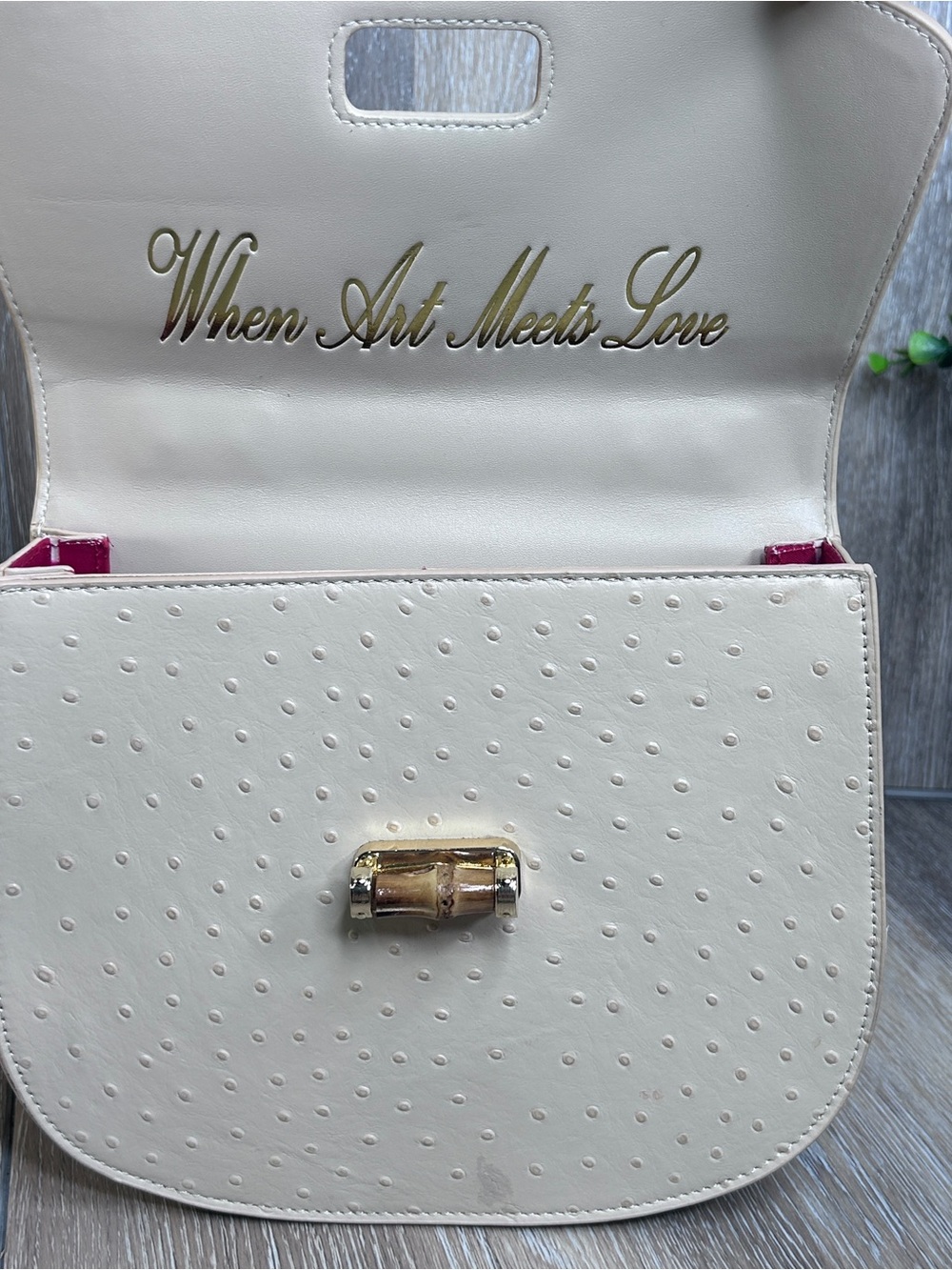 Sharif Legacy Cream Ostrich Lambskin Leather Bamboo Handle Satchel w/Dustbag NWT - Picture 8 of 16